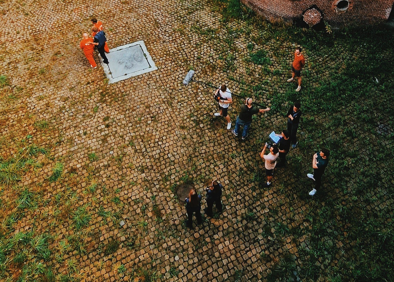 Aerial view of a production crew working on location